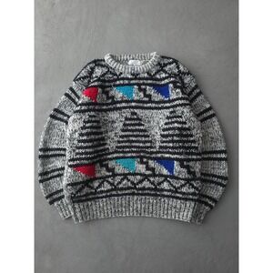 Vintage 80s Club International Grey Geometric Acrylic Knit Sweater Crewneck L